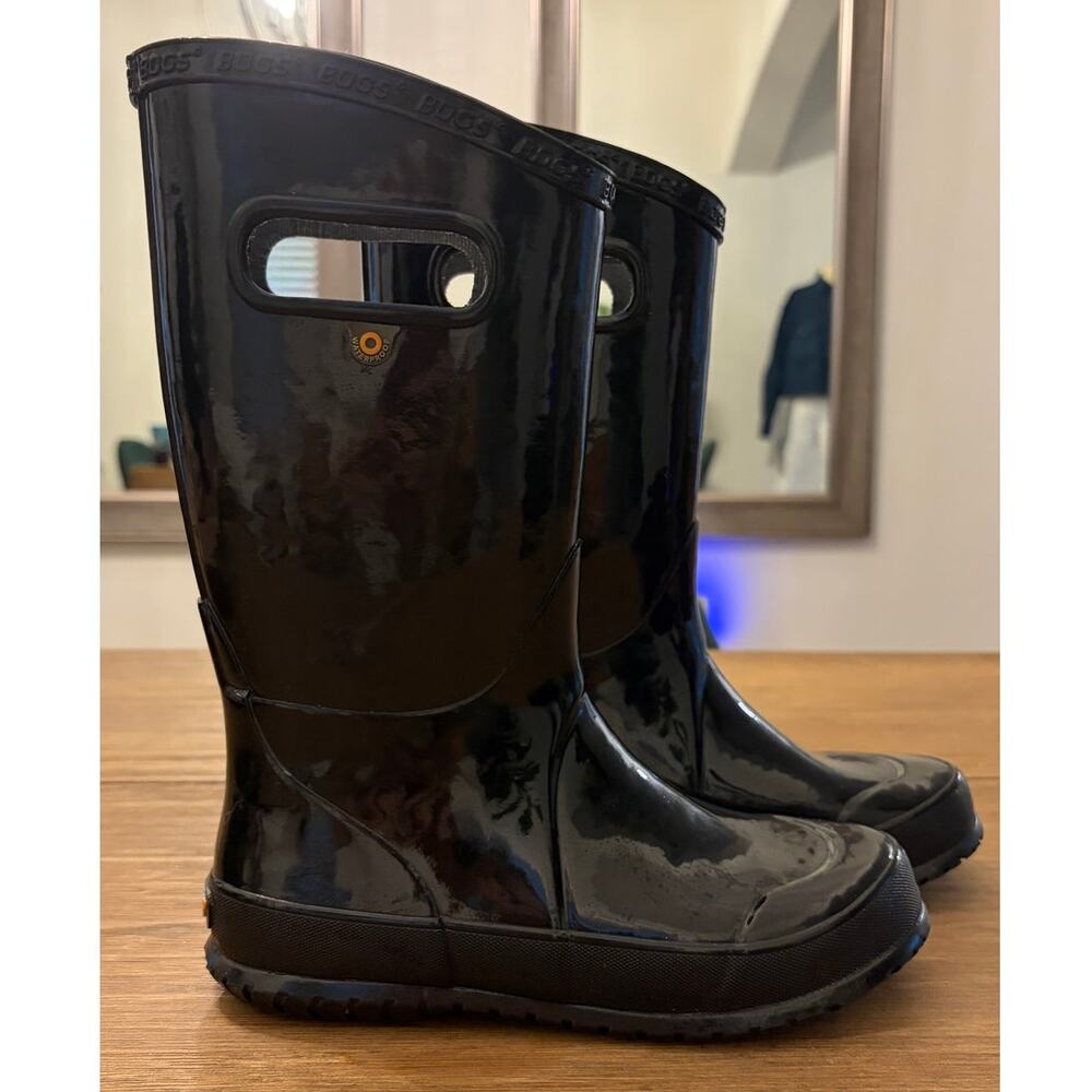 Bogs Kids Black Gloss Rain Boots with Hand Holes